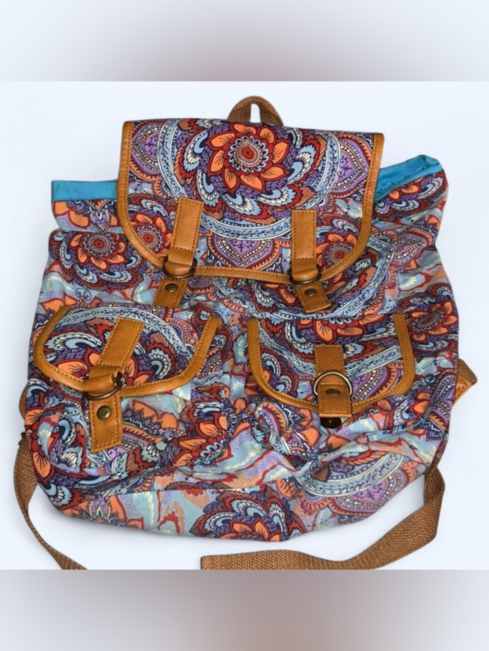 Patterned Multi-Color Canvas Backpack with Tan Accents